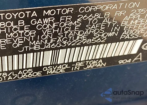 2009 Lexus Es 350 from USA, damaged, VIN JTHBJ46G392298562